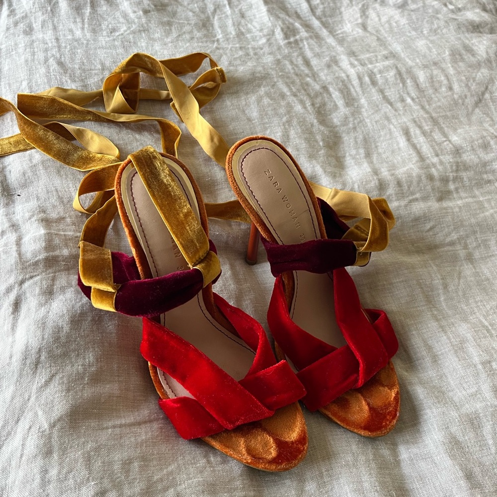 Zara Strappy Red and Gold Velvet Heels
